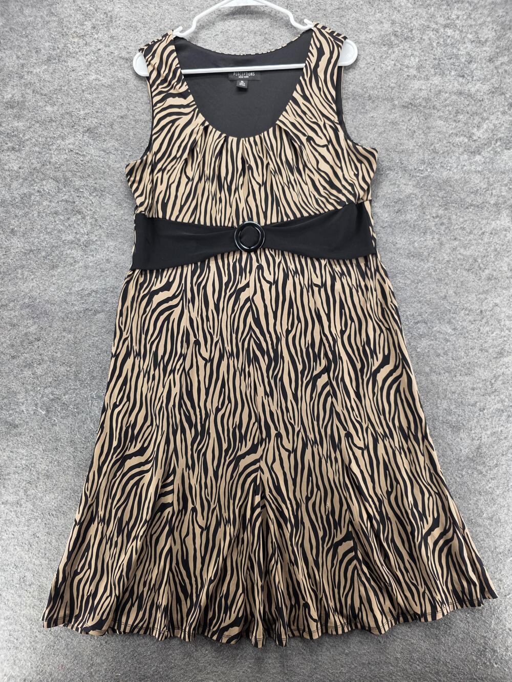 Perceptions New York Dress Womens XL Beige Animal Print Scoop Neck Maxi Belted